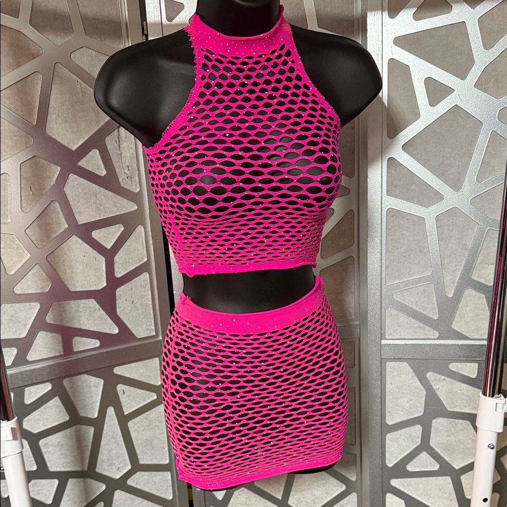 Pink Fishnet Crop Top and Skirt Set
